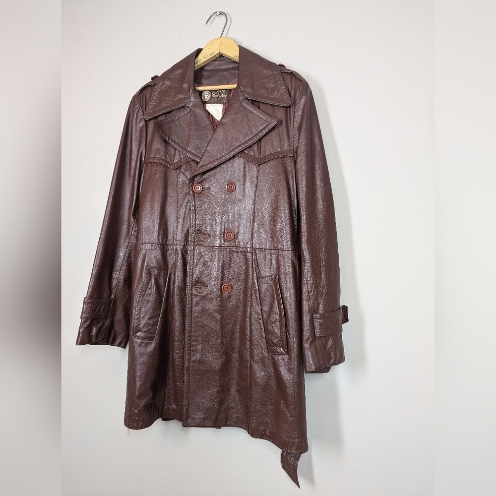 Vintage 1970s Brown Leather Trench Coat Size 40 Plaid Wool Lined Double Breasted